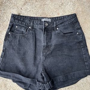 Black denim high waisted shorts, size 8.